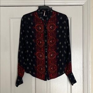 Free People Dark Navy and Red Button Down Shirt Paisley Size Medium